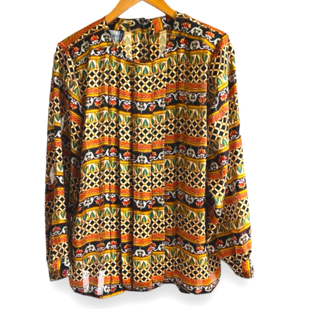 Vintage Button Back Pleated Leaf Design Diamond Pattern Burnout Stripe Blouse
